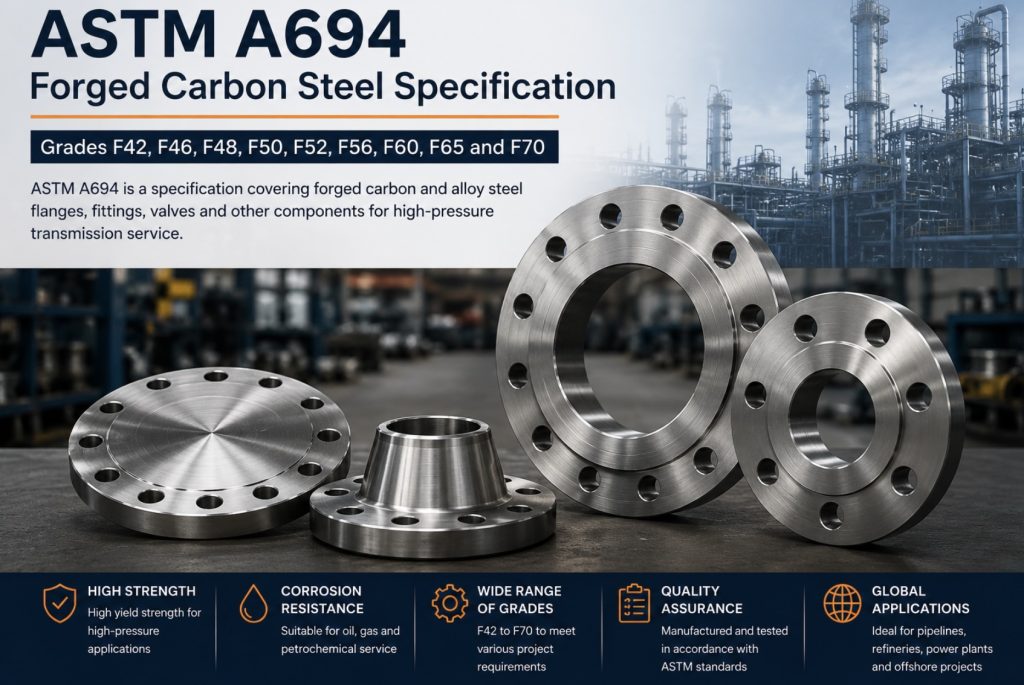 ASTM A694 specification for forged carbon steel flanges grades F42 to F70